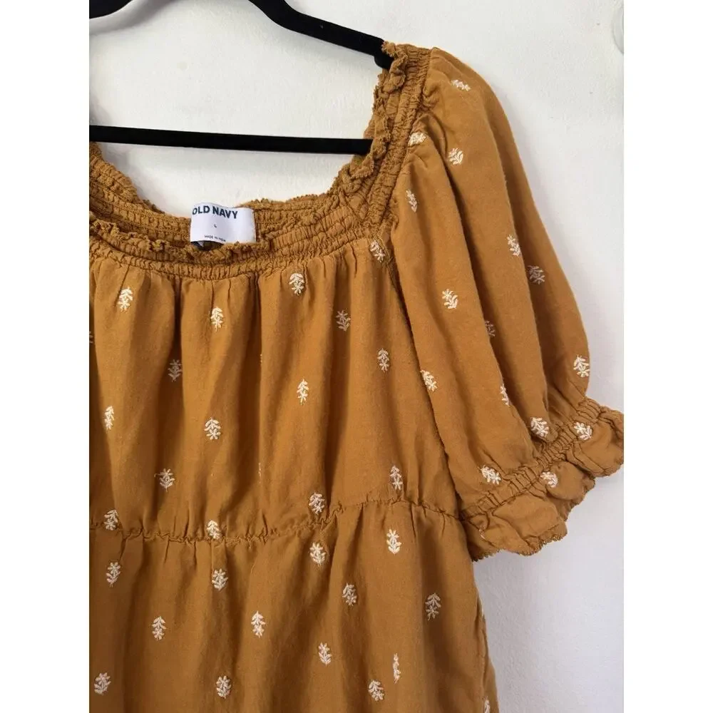 Old Navy Mustard Yellow Smocked Puff Sleeve Peasant Top Women’s Size Large